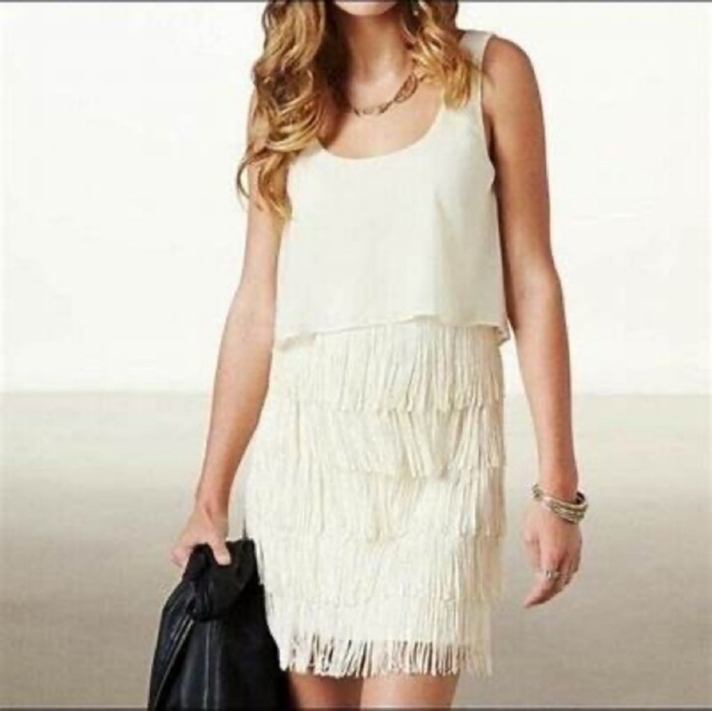 American Eagle Outfitters Ivory Fringe Sleeveless Dress